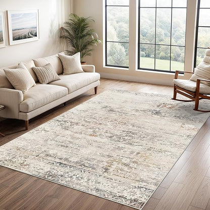 8x10 Area Rugs for Living Room, Stain Resistant Neutral Washable Rugs for Dining Room, Floral Vintage Non-Slip Thin Large Size Area Rug Taupe