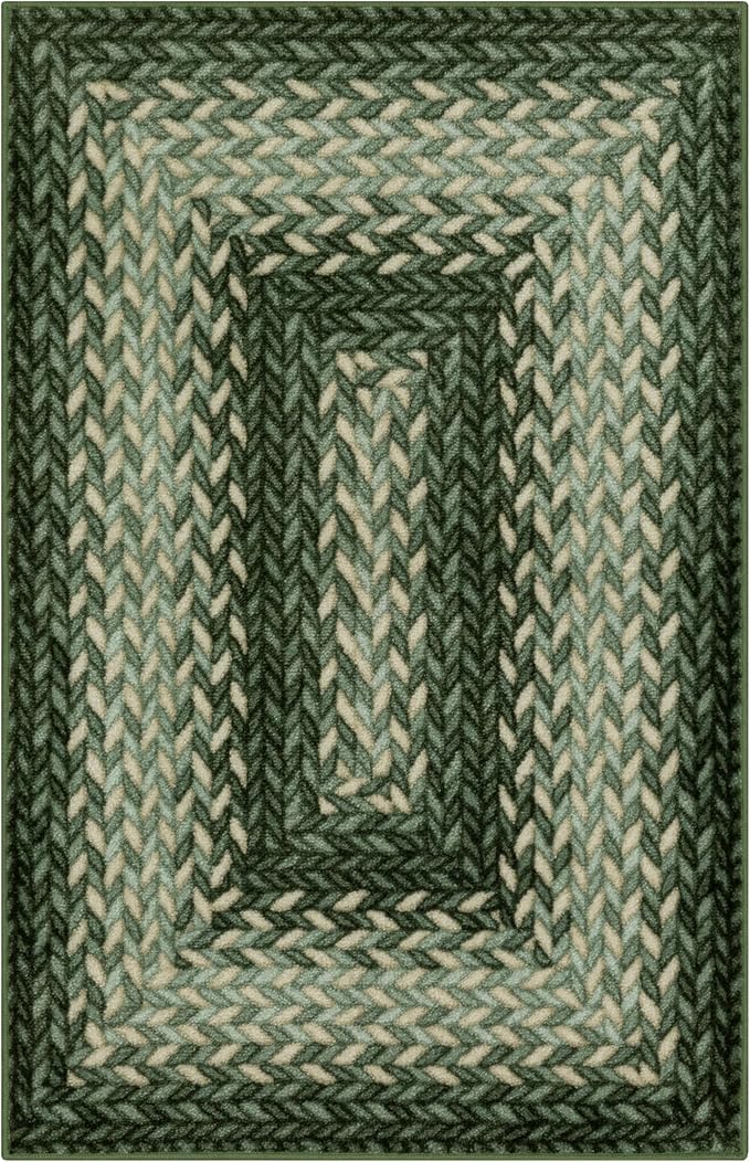 Maples Rugs Marion Bohemian Braided Design Print Area Rug – Made in USA – Washable, Non Slip Indoor Carpet for Entryway, Foyer, Kitchen, and Bathroom, 46" x 30", Green