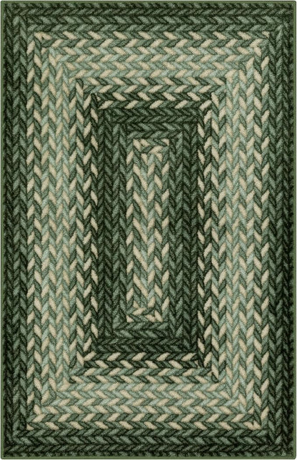 Maples Rugs Marion Bohemian Braided Design Print Area Rug – Made in USA – Washable, Non Slip Indoor Carpet for Entryway, Foyer, Kitchen, and Bathroom, 46" x 30", Green