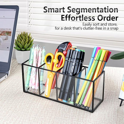 Pencil Holder for Desk,Tempered Glass Pen Holder,3&4 Compartments,Desktop Storage Organizer for Office Supplies,School Supplies,Pens,Markers,Pencils,Scissors,Paperclips (Black, 4 compartments)