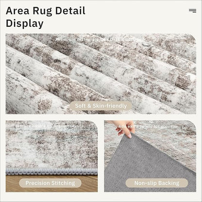 9x12 Area Rugs for Living Room, Non Slip Machine Washable Vintage Rugs, Low Pile Lightweight Large Rug for Bedroom, Dining Room, Home Office Grey Pink