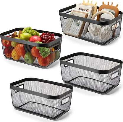 4 Pack Metal Mesh Basket with Hollow Handles Black Wire Storage Bin for Organizing Stackable Metal Fine Mesh Basket for Pantry Bathroom Kitchen Cabinets Shelves (X-Large)