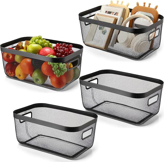 4 Pack Metal Mesh Basket with Hollow Handles Black Wire Storage Bin for Organizing Stackable Metal Fine Mesh Basket for Pantry Bathroom Kitchen Cabinets Shelves (X-Large)