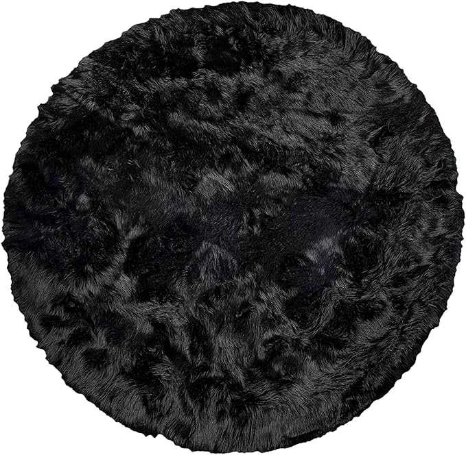 Luxe Gordon Faux Fur Rug with Soft and Fluffy Pile | Machine Washable Living Room Rug with Anti-Slip Backing | Cruelty-Free Area Rugs for Office or Bedroom, Black, 6 ft Dia.