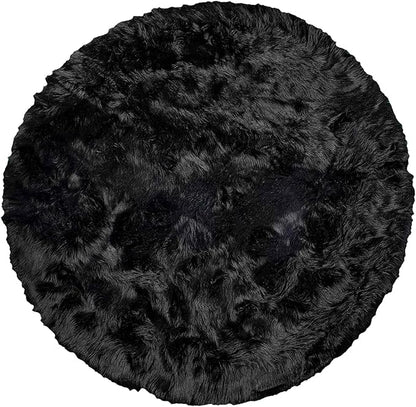 Luxe Gordon Faux Fur Rug with Soft and Fluffy Pile | Machine Washable Living Room Rug with Anti-Slip Backing | Cruelty-Free Area Rugs for Office or Bedroom, Black, 6 ft Dia.