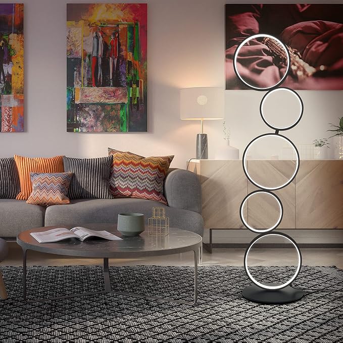 LED Modern Floor Lamp for Bedroom, 3 Way Bright Dimmable Corner Floor lamp with 5-Ring 2-in-1 Standing Tall End Table Lamp for Living Room & Office Reading Light, 3260LM, 6000K, Black.