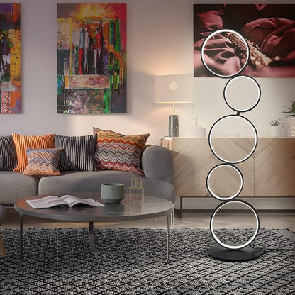 LED Modern Floor Lamp for Bedroom, 3 Way Bright Dimmable Corner Floor lamp with 5-Ring 2-in-1 Standing Tall End Table Lamp for Living Room & Office Reading Light, 3260LM, 6000K, Black.