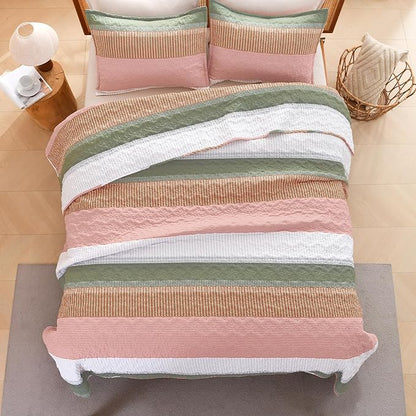 Litanika King Size Quilt Set Pink, Green and White, Orange Stripe Patchwork Summer Bedspread Coverlet 3 Pieces, Soft Lightweight Microfiber Quilt Bedding Set for All Season(1 Quilt, 2 Pillowcases)