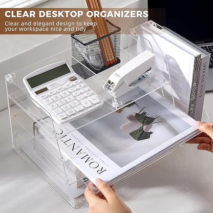 Acrylic Desk Organizer - 4-Tier Tray with Vertical File Holder for Books, Stationary, Letter, Magazines, Documents, and File Organizer - Durable Space Saving Storage, For Home and Office