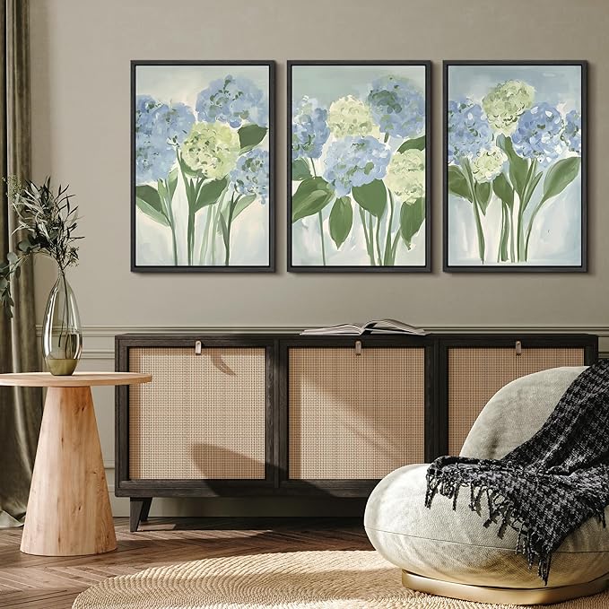 MUDECOR Framed Wall Art Print Set Blue Hydrangea Floral Botanical with Green Leaves Illustrations Modern Art Boho Decorative Colorful Chic for Living Room, Bedroom, Office - 16"x24"x3 Black