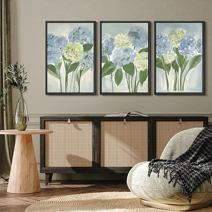MUDECOR Framed Wall Art Print Set Blue Hydrangea Floral Botanical with Green Leaves Illustrations Modern Art Boho Decorative Colorful Chic for Living Room, Bedroom, Office - 16"x24"x3 Black