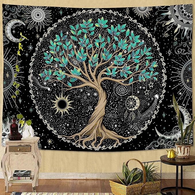 Rexful Tree of Life Tapestry Green Wall Art for Bedroom Spiritual Aesthetic Sun and Moon Tapestries Wall Hanging Decor (48''×36'')