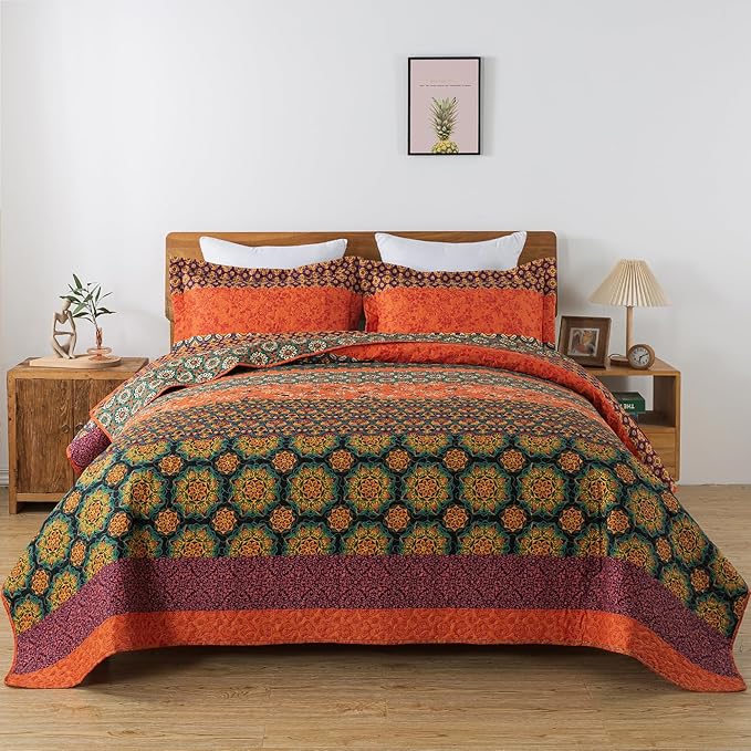 HoneiLife Quilt Sets Queen Size - 3 Pieces Microfiber Quilt Lightweight Bedspreads Wildflower Coverlets Retro Bed Cover King Quilt Bedding Set All Season Quilts-Pumpkin