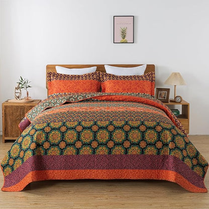 HoneiLife Quilt Sets Queen Size - 3 Pieces Microfiber Quilt Lightweight Bedspreads Wildflower Coverlets Retro Bed Cover King Quilt Bedding Set All Season Quilts-Pumpkin