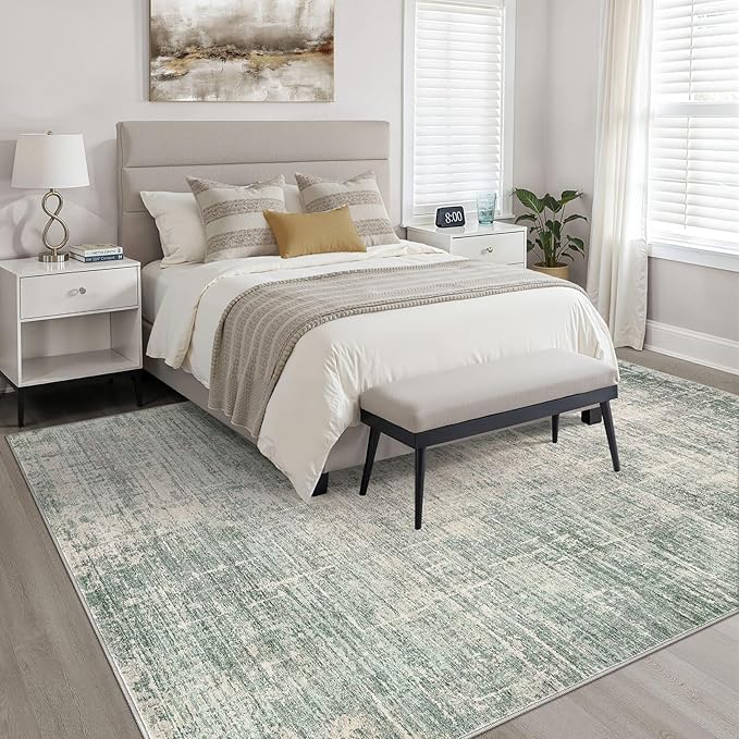 7x9 Area Rug Living Room: Washable Large Neutral Green Rugs Abstract Soft Modern Stain Resistant Indoor Floor Non-Slip Carpet for Bedroom Nursery Kids Office Playroom Dining Room Under Table Home
