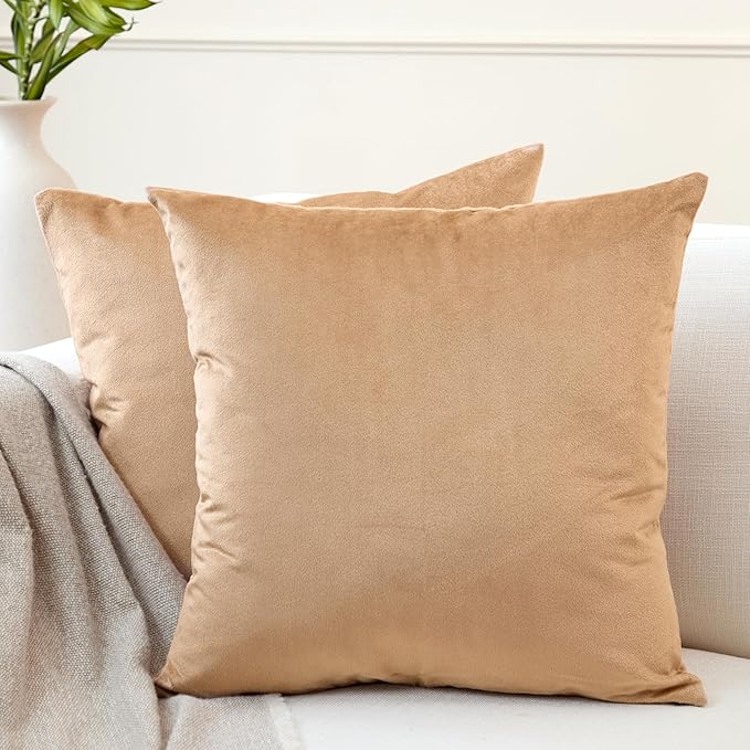 Encasa XO Velvet Throw Pillow Covers 22x22 in (55x55 cm) - Gold - No Inserts, Pack of 2 Cases | Solid Plain Dyed Soft & Smooth, Square Decorative Cushion Covers for Living & Bedroom