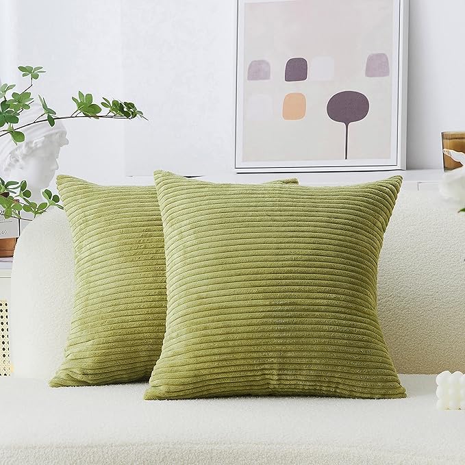 Home Brilliant Set of 2 Green Spring Pillow Covers Euro Pillow Shams 26x26 Striped Velvet Corduroy Decorative Europe Sham Throw Pillow Covers for Couch, 26 x 26 inch, Grass Green