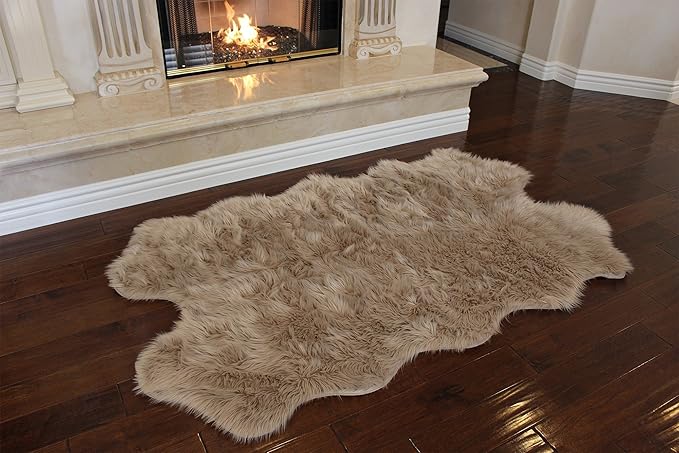 Nouvelle Legende Faux Fur Sheepskin Rug Quattro, Soft, Plush, Premium High-Pile Accent Rug for Bedrooms, Hallways & Living Spaces, Warm & Cozy, Faux Leather Backing, Easy Care, 43" x 73", Brown