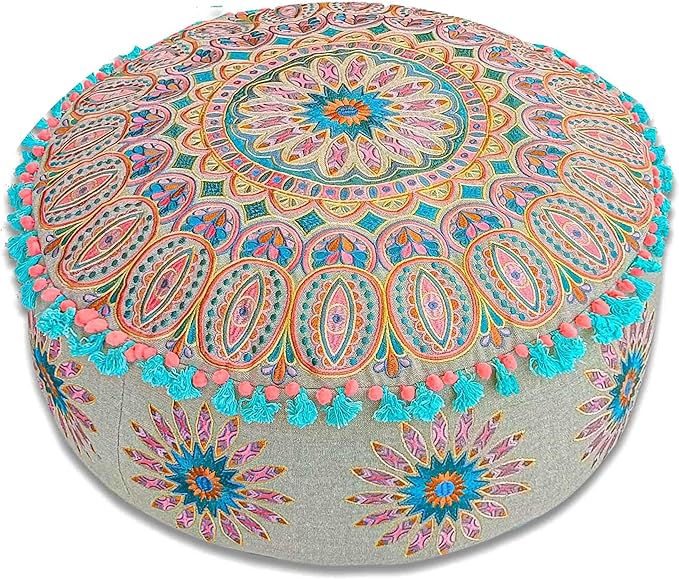 Mandala Life ART Moroccan Large Floor Pillow Cover with Tassels and Ponpon Bedroom Décor Round Pouf Ottoman Boho Chic Seating Area Beanbag Footstool Stool Cotton 24x8 Unstuffed