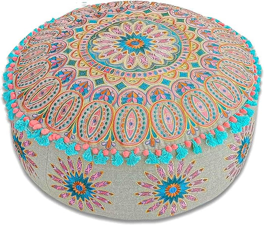 Mandala Life ART Moroccan Large Floor Pillow Cover with Tassels and Ponpon Bedroom Décor Round Pouf Ottoman Boho Chic Seating Area Beanbag Footstool Stool Cotton 24x8 Unstuffed