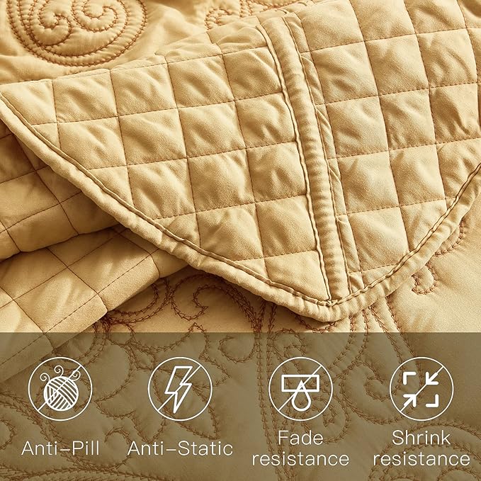 CHIXIN Bedspread Coverlet Set Queen Size - Lightweight Bedding Cover - Beautiful Stitching - 5 Piece Reversible Bedspread - Luxury Damask Paisley Pattern (Queen, Honey-Gold)