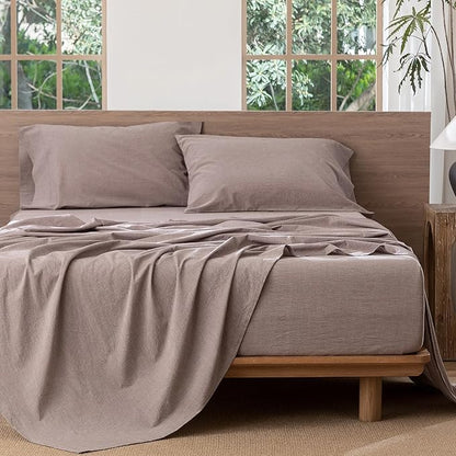 MooMee Bedding Sheet Set 100% Washed Cotton Linen Like Textured Breathable Durable Soft Comfy (Heathered Mauve Brown, Queen)