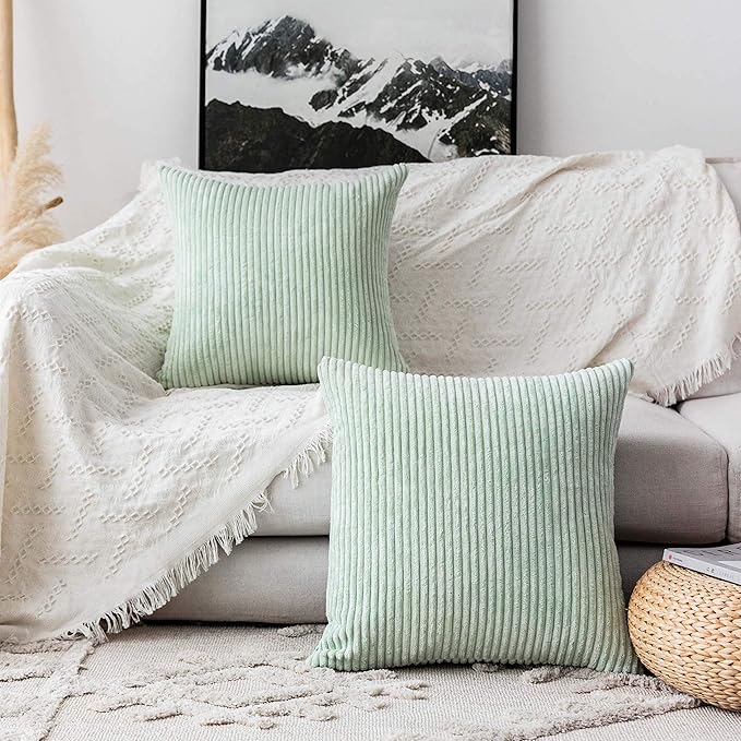Home Brilliant Green Throw Pillow Cover 24x24 Set of 2 Euro Shams Super Soft Striped Velvet Large Cushion Cover for Living Room Sage Green Spring Decor, 24 x 24 inch, Mint