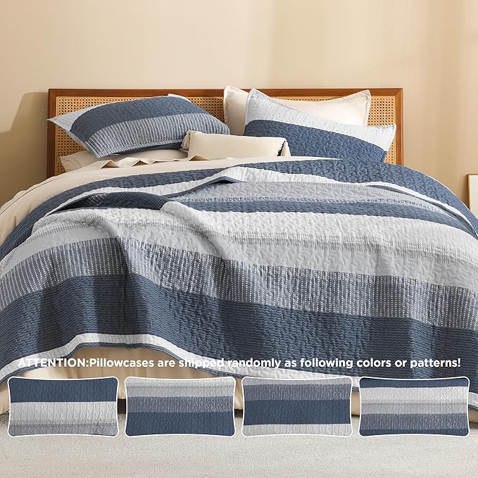 Litanika California King Quilt Set Navy Blue, Stripe Bedspread Coverlet 3 Pieces, Lightweight Quilted Bedding Set for All Season(1 Quilt, 2 Pillowcases)