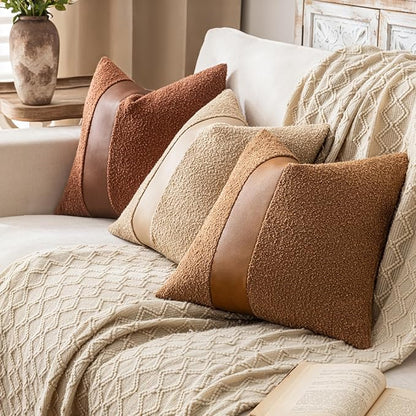 18"x18" Tobacco Boucle Throw Pillow Covers with Faux Leather Accents Set of 2 Fluffy Textured Decorative Pillow Cases for Couch Bed Boho Farmhouse Square Cushion Covers for Nordic Home Décor