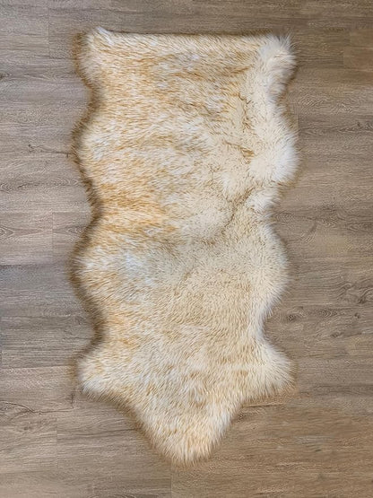 LAMBZY Faux Sheepskin Super Soft Hypoallergenic Silky Shag Rug for Living Room, Kids Room, Sofa (Single and a Half 2'x4'6", White/Brown Tips)