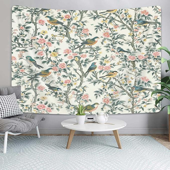 DYNH Vintage Floral Bird Tapestry,Chinese Style Aesthetics Jungle Botanical Tapestries,Farmhouse Country Watercolor Flowers Leaves Wall Hanging Decor for Bedroom Living Room,40x30In