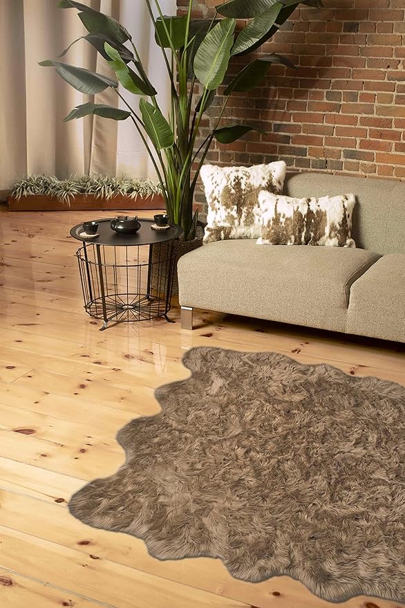 Luxe Gordon Faux Fur Rug with Soft and Fluffy Pile | Machine Washable Living Room Rug with Anti-Slip Backing | Cruelty-Free Area Rugs for Office or Bedroom, Tan, 6 ft x 6 ft