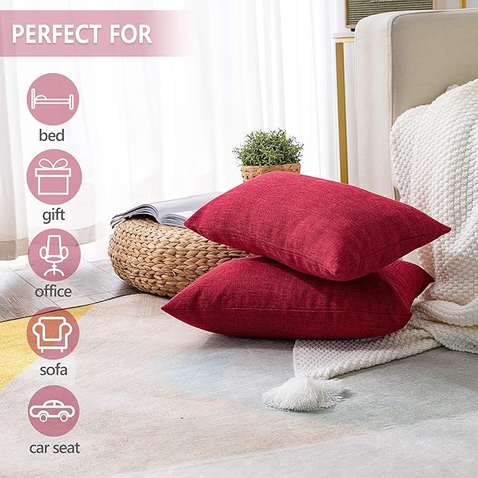 Stellhome Christmas Decorative Rectangle Linen Throw Pillow Covers Solid Farmhouse Burlap Pillowcase for Home Decoration, Set of 2, 12 x 20 inch (30 x 50 cm), Red