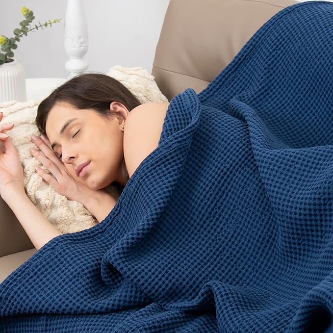 100% Cotton Waffle Blankets for Bed - Throw (50" x 60") Lightweight, Breathable and Soft, Waffle Weave Blanket for All-Season - Summer, Spring, Winter (Blue)