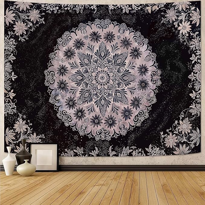 Fowocu Boho Floral Mandala Tapestry Wall Hanging Grey Bohemian Flower Medallion Tapestry Aesthetic Gray Black Hippie Indian Small Tapestries for Bedroom Living Room Dorm Decor 40 x 30 Inch