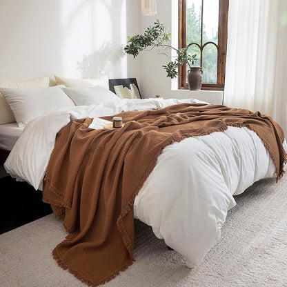 FOSSA Muslin Blanket with Fringe - 4-Layer 100% Cotton Gauze Super Soft & Breathable Throw -Lightweight Decorative Cooling Blanket for Bed, Sofa, Office -Twin XL Size 66" × 90" (Dark Orange)