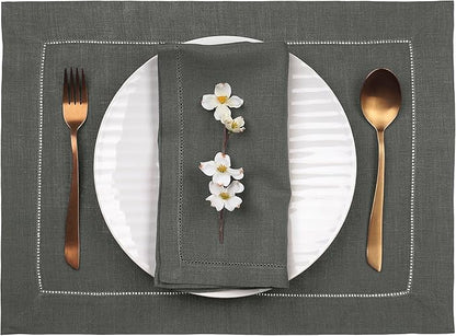 D'Moksha Homes Linen Placemats Set of 4 - Classic Hemstitch Charcoal Grey Placemats 14 x 19 Inch - 100% Pure Linen Table Mats for Holiday, New Year - Handcrafted and Machine Washable
