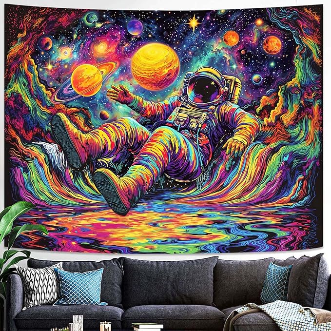 Blacklight Astronaut Tapestry Wall Hanging Space Galaxy Travel Funny Wander Tapestries for Bedroom Colorful Aesthetic Cool Wall Art for Guys Gamer Room Dorm Living Room (celestial bodies, 48''×36'')