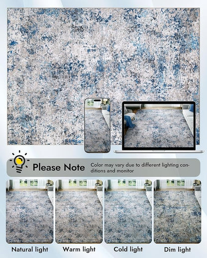 Area Rug for Living Room: 10x14 Washable Neutral Abstract Rug for Bedroom Modern Soft Dining Room Rug No Slip Low Pile Carpet for Nursery Home Office Decor - Grey/Blue