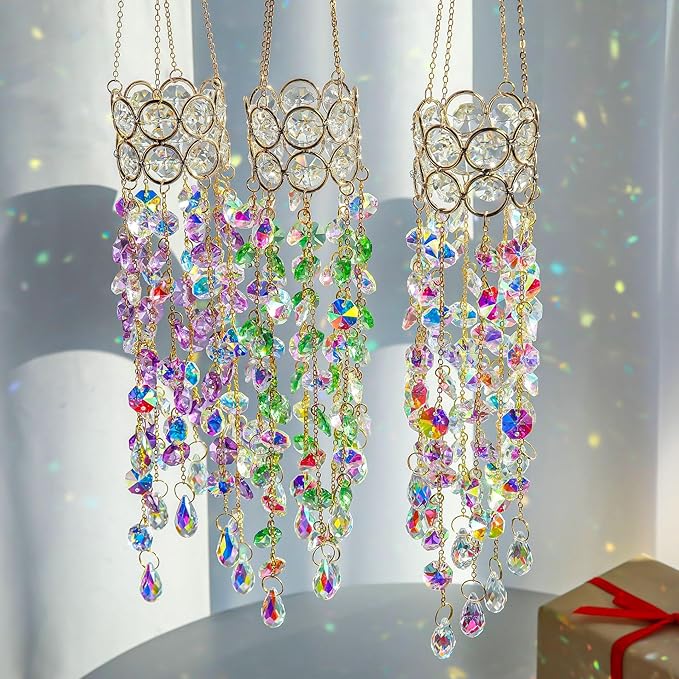 H&D HYALINE & DORA 19'' H Crystal Suncatchers Windows Hanging Crystals Sun Catcher Prisms with Purple Beads Chain Gold-Plated Sun Catcher for Indoor and Outdoor Decor