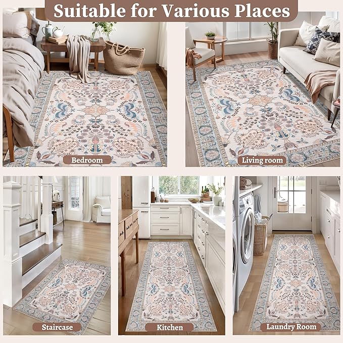Tangsoo 2x6 Washable Runner Rug for Hallways,Non Slip Vintage Floral Rug Runner, Soft Low Pile Neutral Floor Carpet Runners for Kitchen Bedroom Entryway Living Room Bedside Laundry Home Decor
