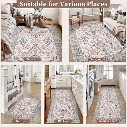 Tangsoo 2x3 Small Rug for Entryway, Washable Area Entry Rug Non Slip, Neutral Low Pile Soft Area Rugs, Indoor Front Door Boho Floral Throw Rugs for Entrance Kitchen Bedroom Bathroom Home Decor