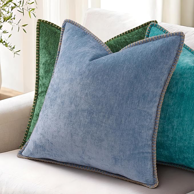 decorUhome Spring Chenille Soft Throw Pillow Covers 18x18 Set of 2, Farmhouse Velvet Neutral Decorative Pillow Covers with Stitched Edge for Couch Sofa Bed Home Decor, Green