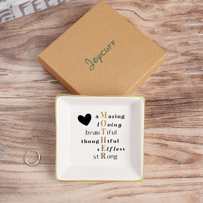 JoycuFF Gifts for Mom Christmas Ceramic Trinket Plate Tray Mother's Day Birthday Gifts for Best Mama from Daughter Son Ring Dish Jewelry