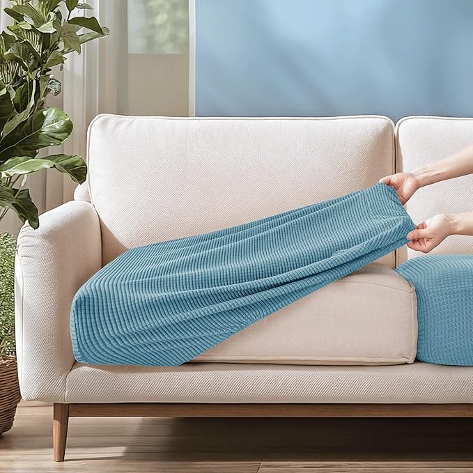 CHUN YI Small Couch Cushion Cover Stretch, Sofa Seat Slipcovers for Pets, Suitable for Armchair Loveseat Sofa with Spandex Jacquard Washable Fabric(Small,Smoky Blue)