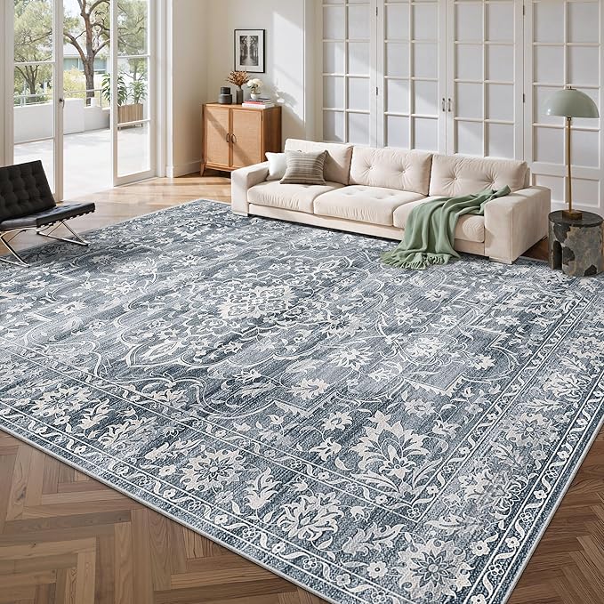 8x10 Area Rugs for Living Room, Stain Resistant Washable Rugs for Dining Room, Kitchen, Floral Vintage Non-Slip Thin Large Area Rug(Blue, 8'x10')