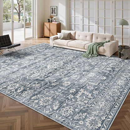 8x10 Area Rugs for Living Room, Stain Resistant Washable Rugs for Dining Room, Kitchen, Floral Vintage Non-Slip Thin Large Area Rug(Blue, 8'x10')