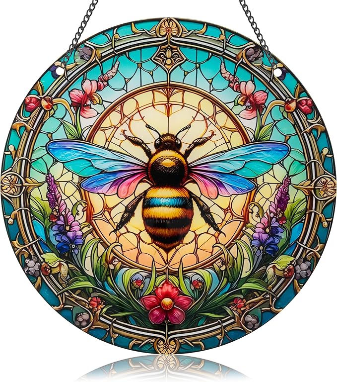 Bee Window Hangings Decor - Acrylic Sun Catcher Ornaments with Hook & Chain,Art SunCatcher Pendant for Gifts Indoor Outdoor Home Wall Living Room Spring Summer Decoration (Colorful Bee)