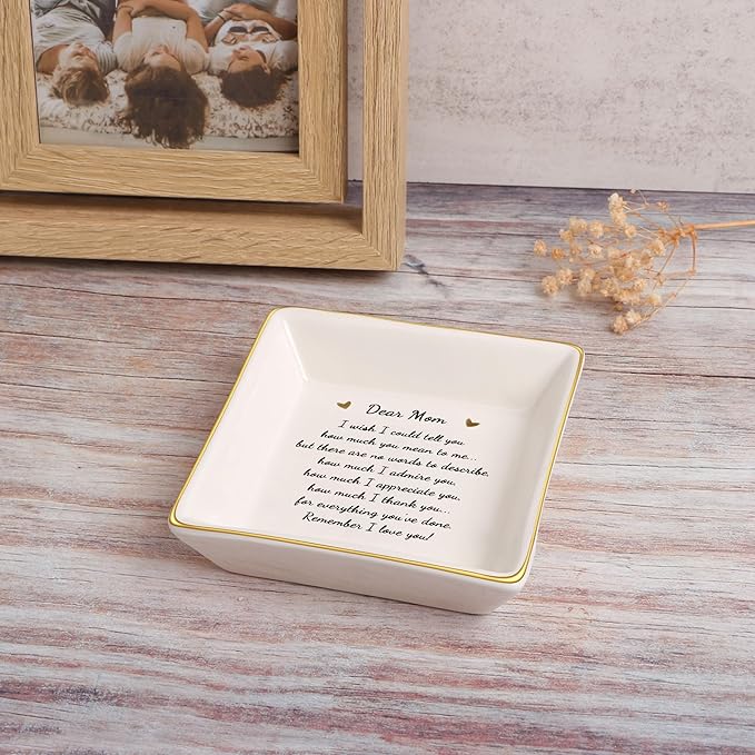 JoycuFF Gifts for Mom from Daughter Son Ceramic Ring Trinket Tray Mother's Day Birthday Gifts for Women Jewelry Ring Dish