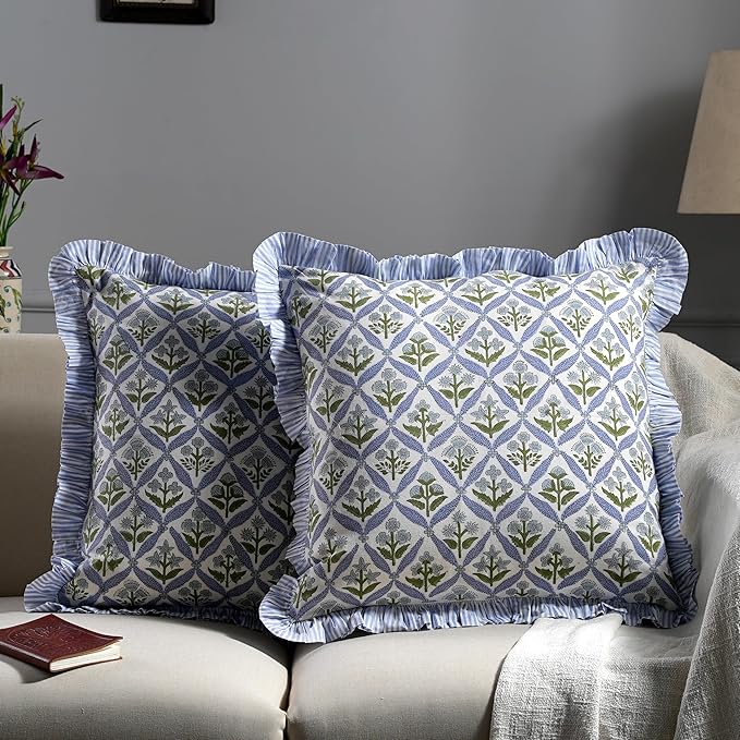 Ridhi Modern Farmhouse Pillow Covers Decorative Cotton Throw Pillow Covers Set of 2 Light Steel Blue Cushion Covers with Ruffle for Couch Sofa Bed Living Room Spring Home Decor 20x20